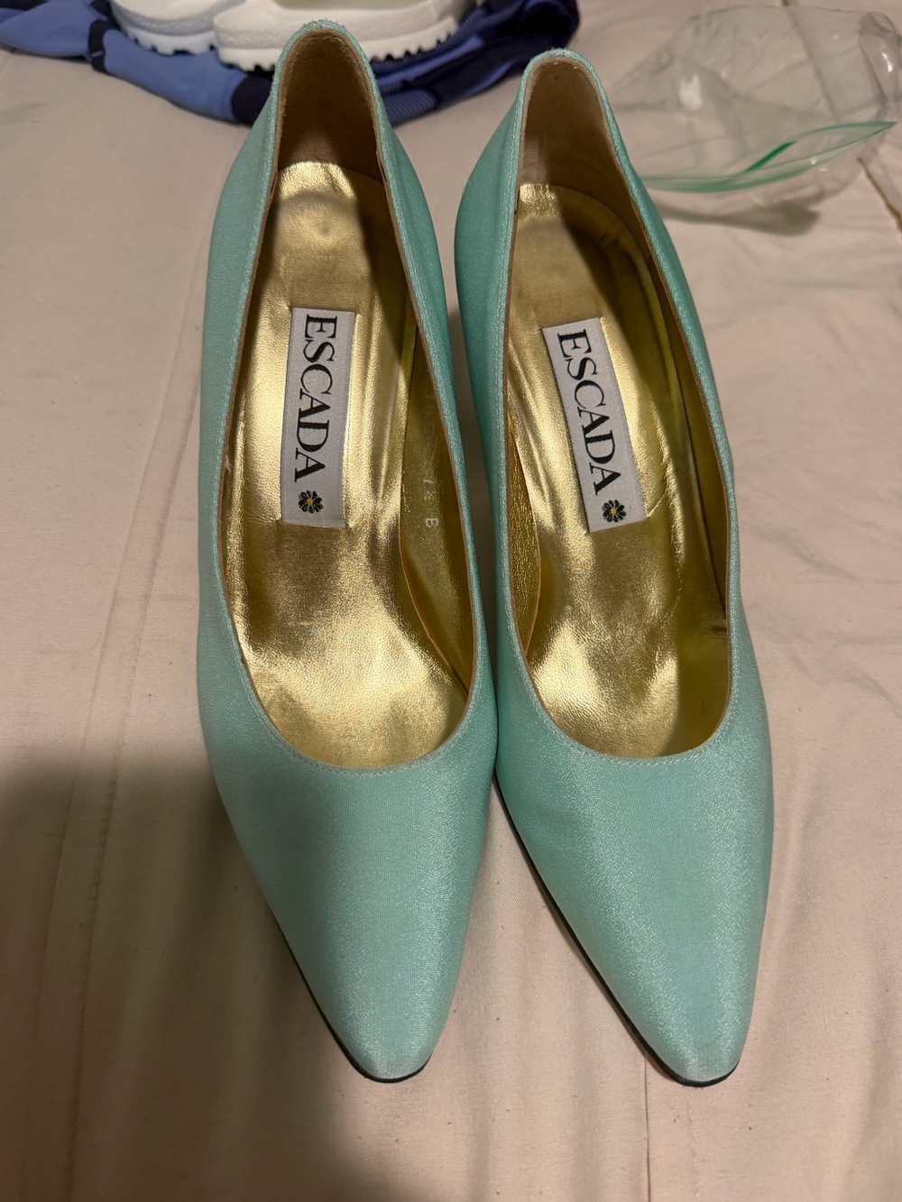 Escada Mint Green Satin Pointed Toe Heels